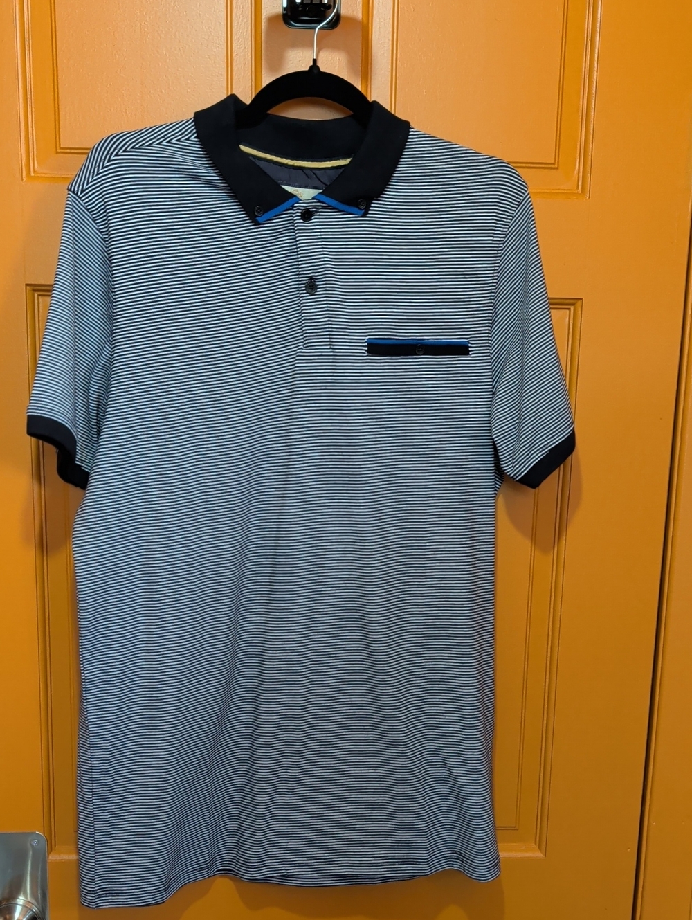 Men's Black and White Striped Polo Shirt